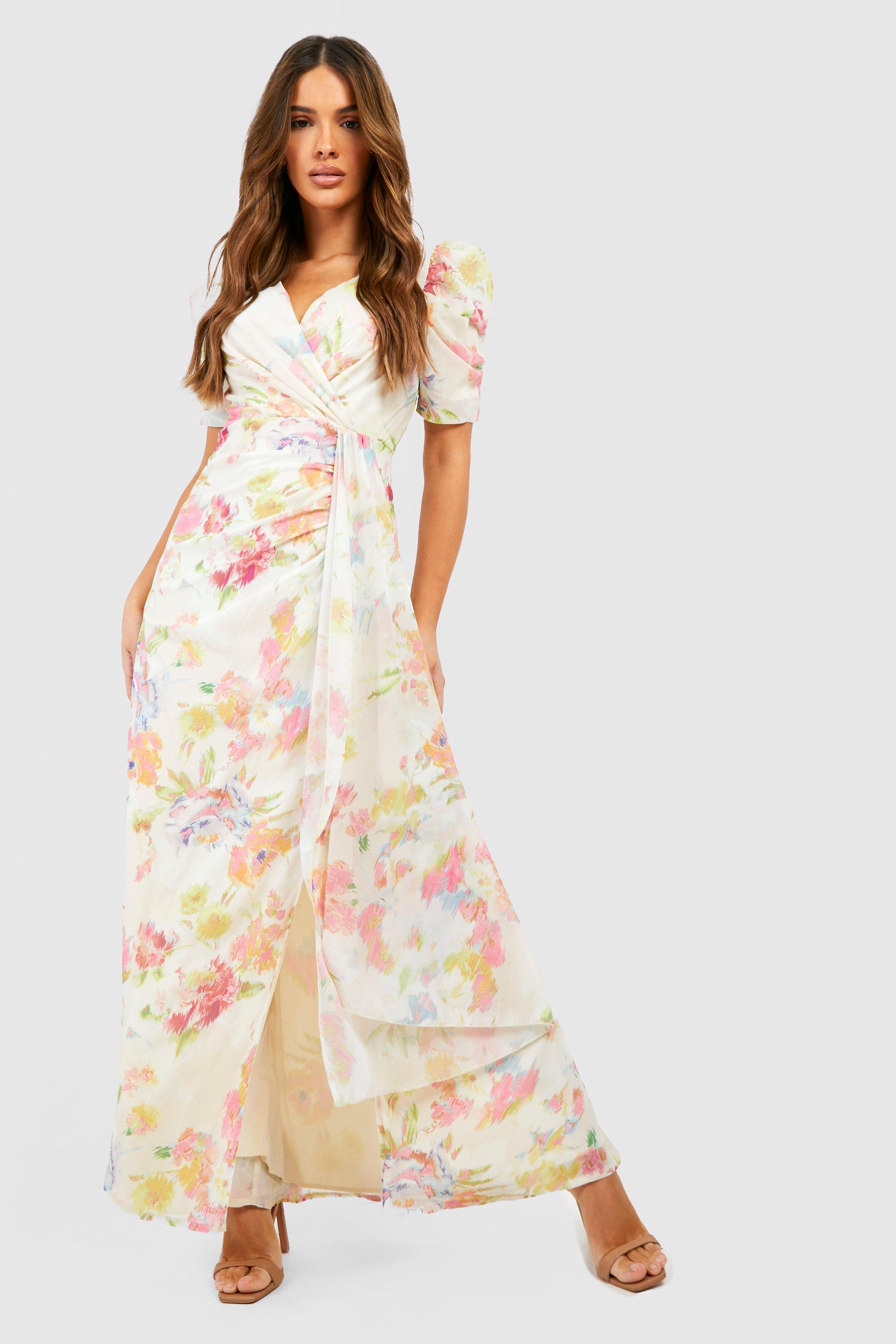 Floral Print Drape Detail Maxi Dress