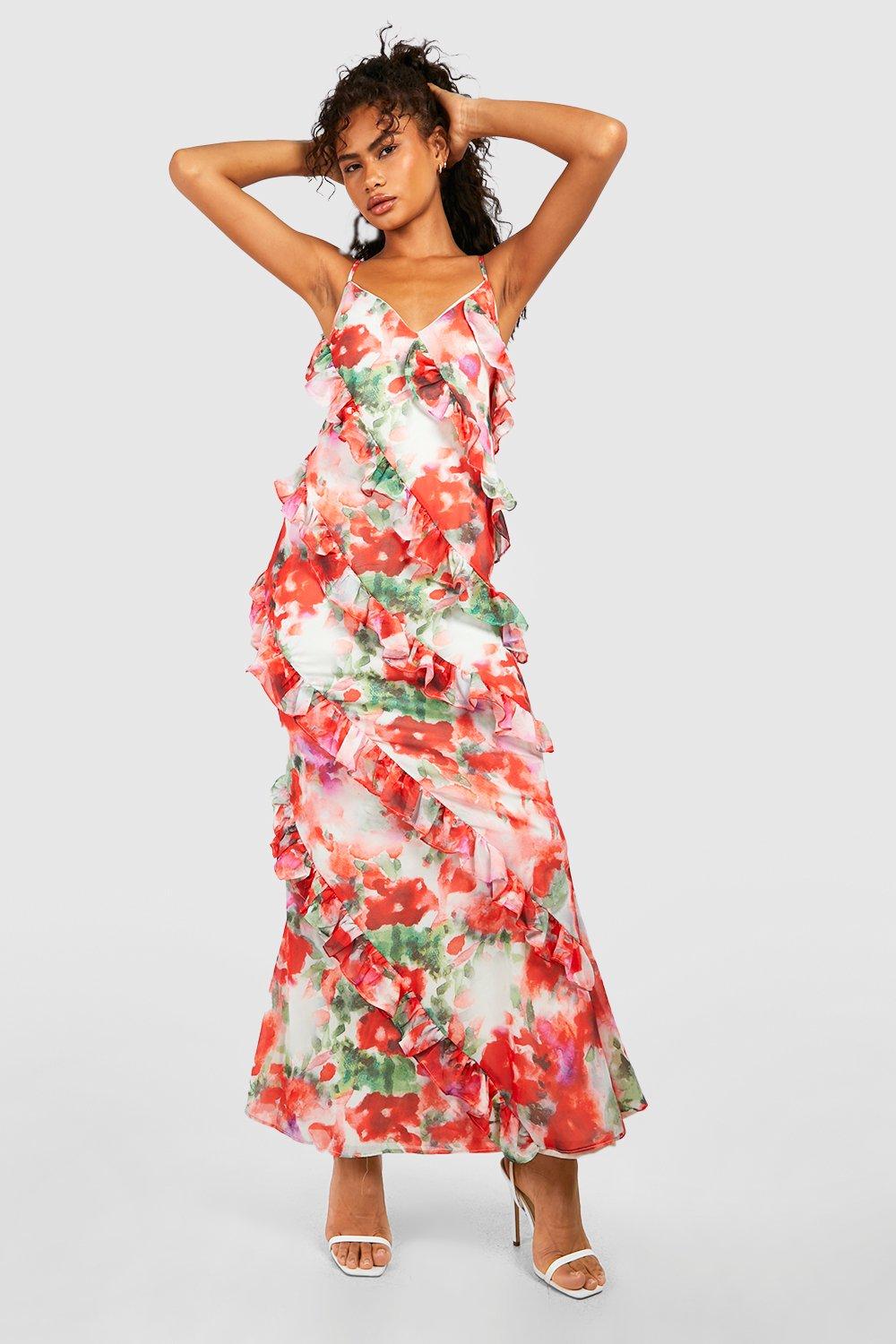 Floral Print Ruffle Detail Maxi Dress