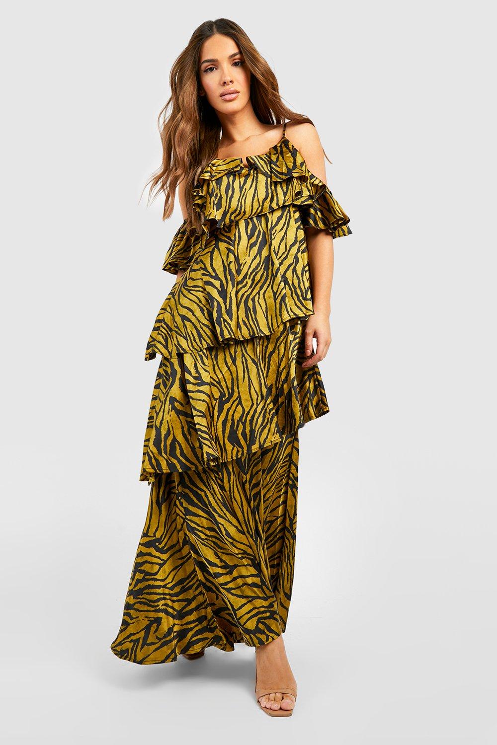 Zebra Print Ruffle Tiered Maxi Dress