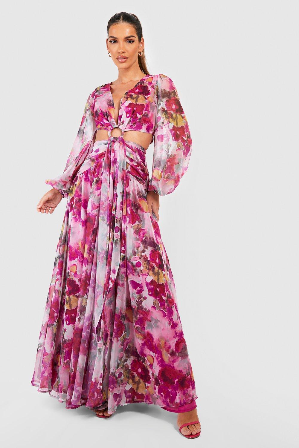 Floral Print Chiffon Cut Out Maxi Dress