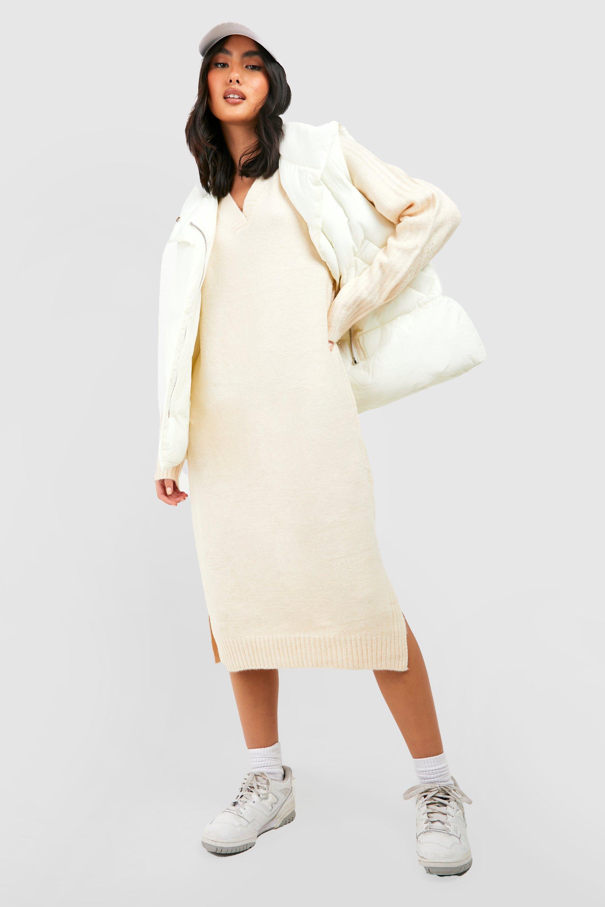 Premium Soft Knit V Neck Slouchy Midi Knitted Dress