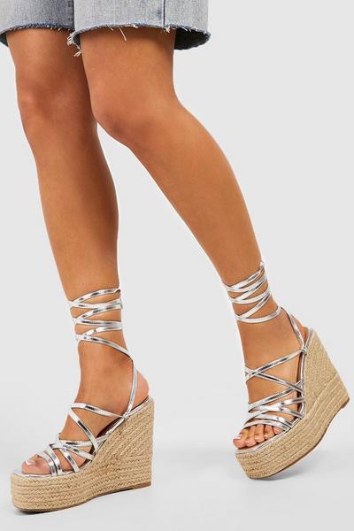Metallic Strappy Wrap Up Wedges