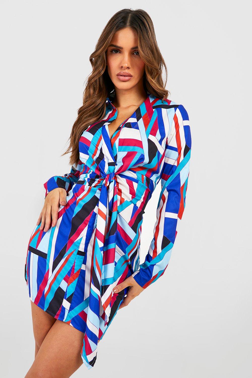 Abstract Print Tie Front Shirt Dress