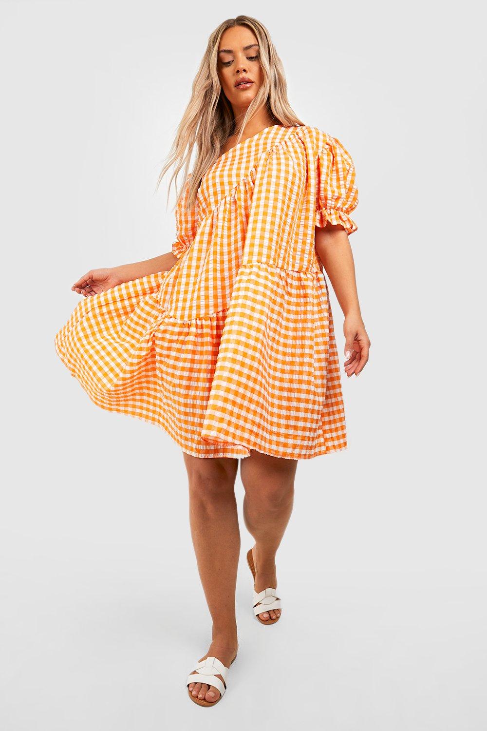 Plus Gingham Textured Tiered Smock Dress