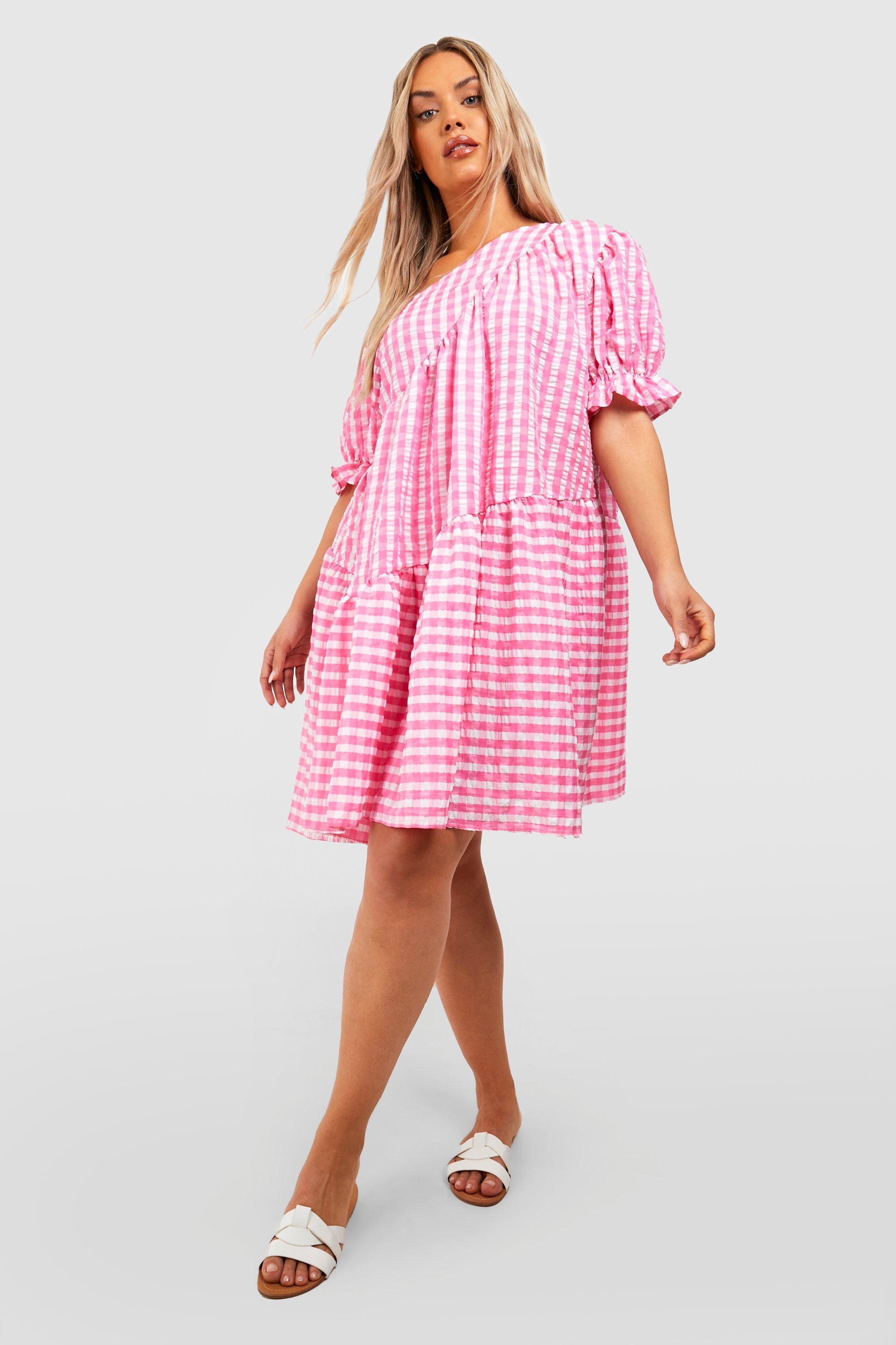 Plus Gingham Textured Tiered Smock Dress