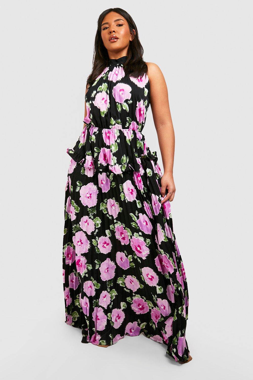 Plus Floral Halterneck Pleated Frill Maxi Dress