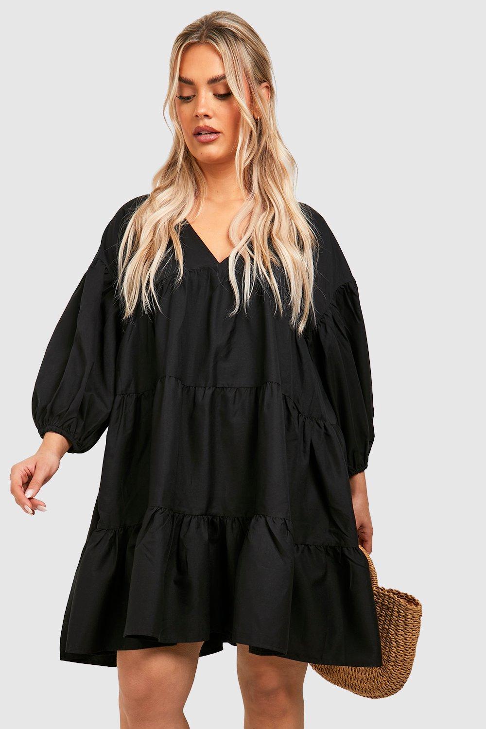 Plus Woven Tiered Puff Sleeve Smock Dress