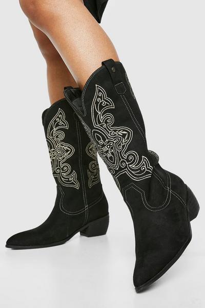 Wide Fit Contrast Embroidered Casual Cowboy Western Boots