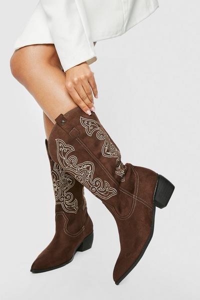 Wide Fit Contrast Embroidered Casual Cowboy Western Boots