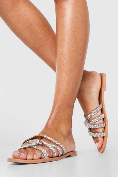 Crossover Embellished Slip On Sandals