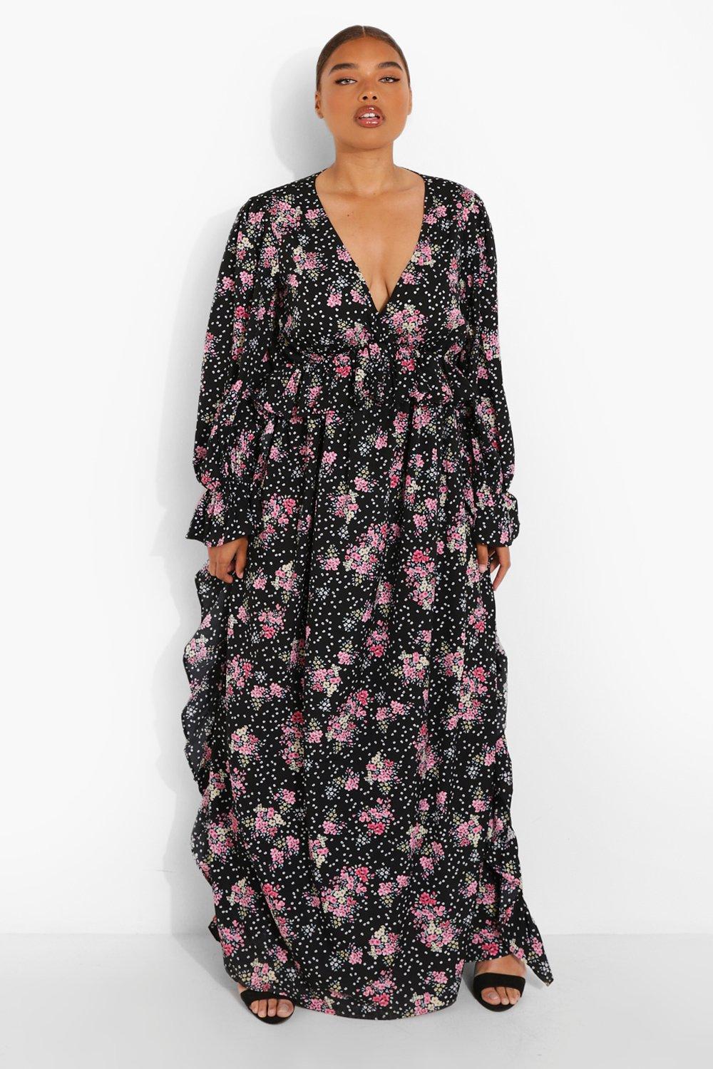 Plus Woven Ditsy Floral Ruffle Maxi Dress