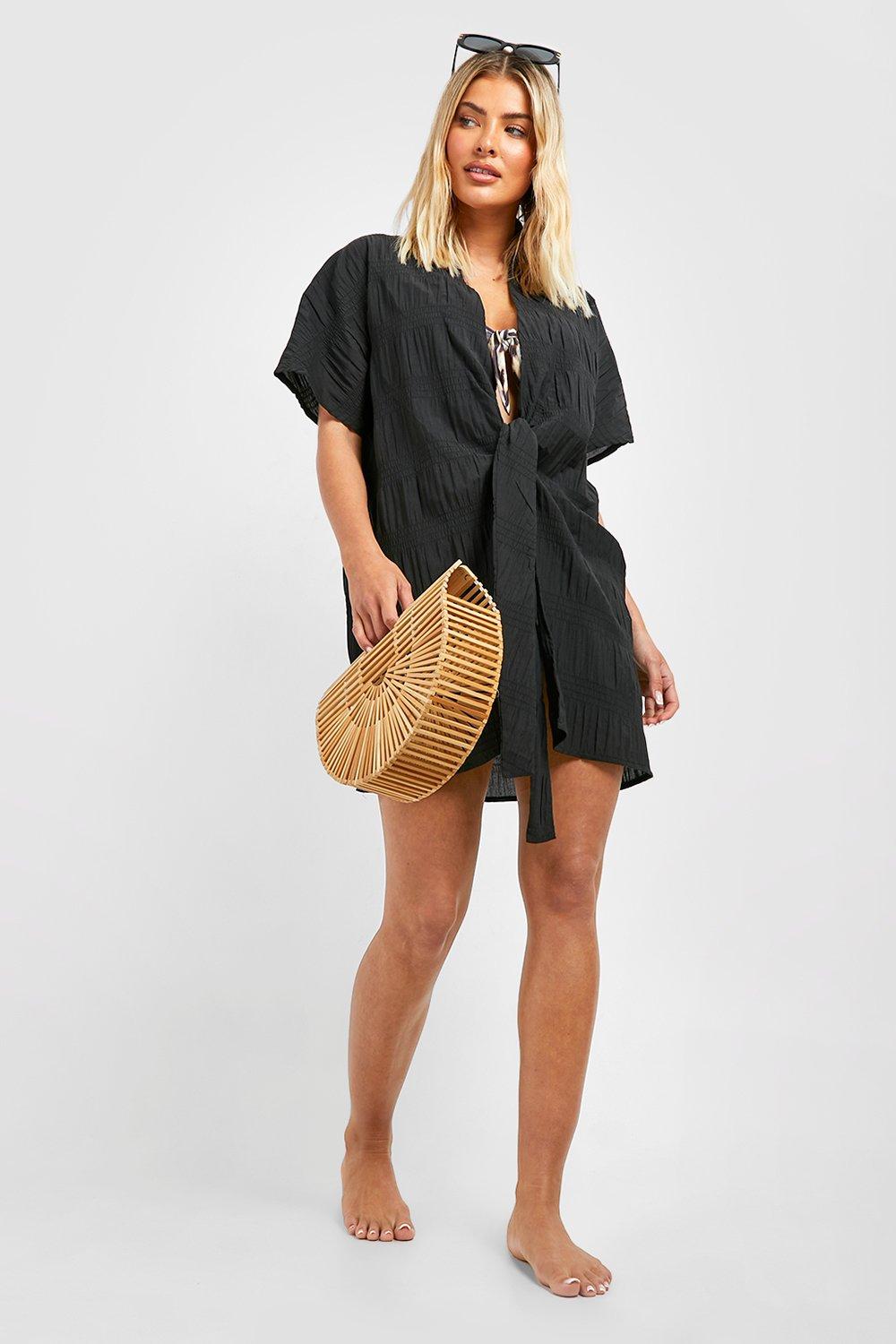 Shirred Crinkle Tie Front Beach Dress