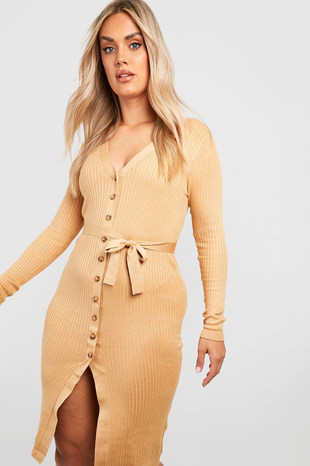 Plus Knitted Belted Midi Jumper Dress