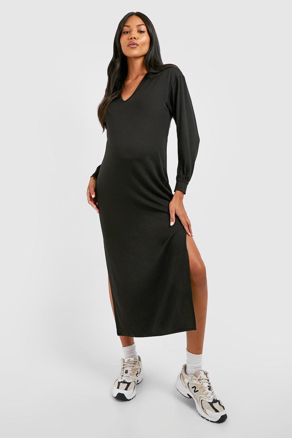 Maternity Melange Knit Polo Collar Midaxi Dress