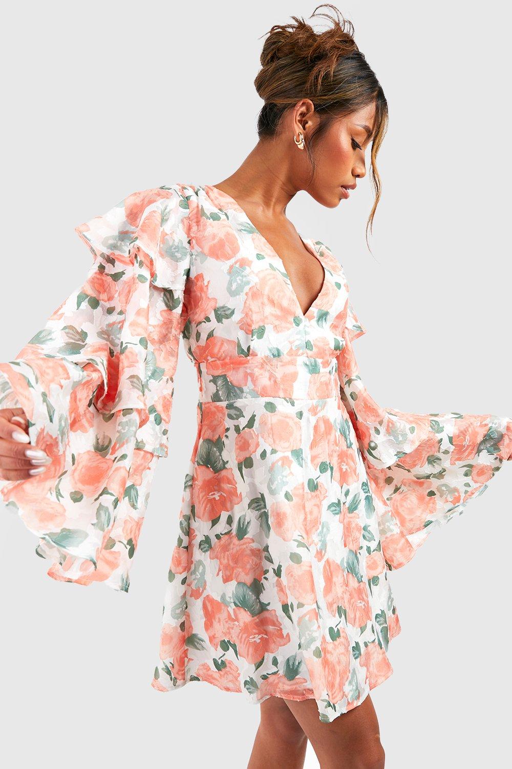 Floral Chiffon Layered Frill Sleeve Skater Dress