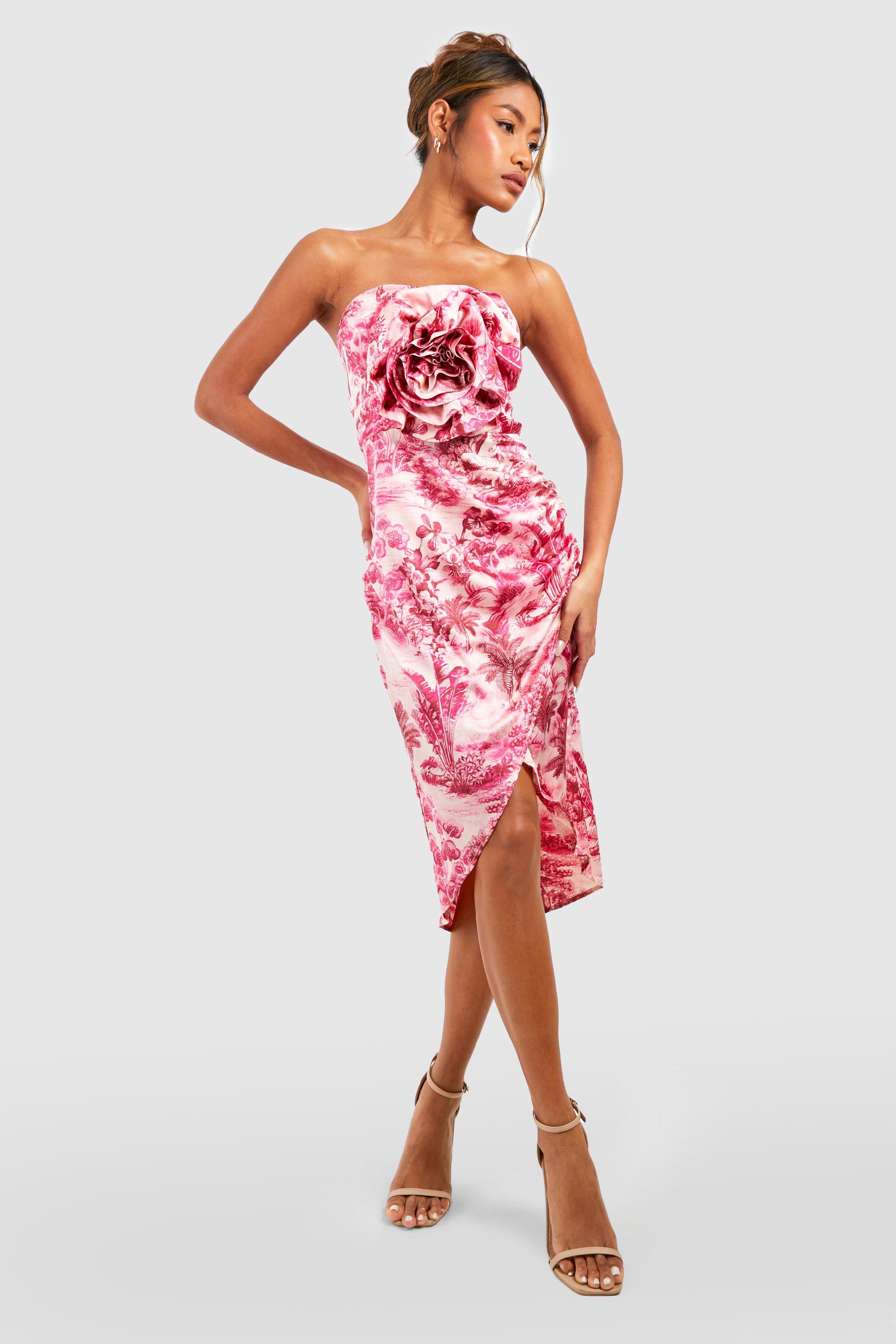 3d Rose Detail Bandeau Wrap Midi Dress