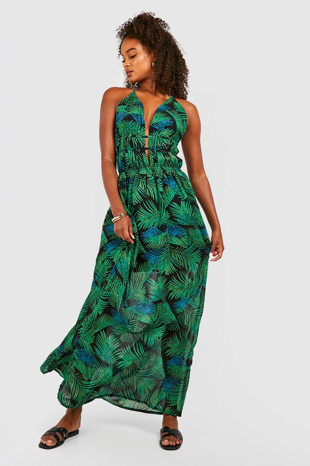 Tall Plunge Front Palm Print Maxi Dress