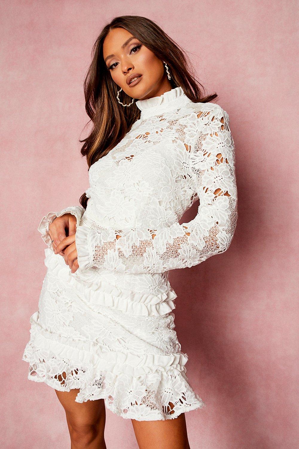 Lace High Neck Long Sleeve Tiered Mini Dress