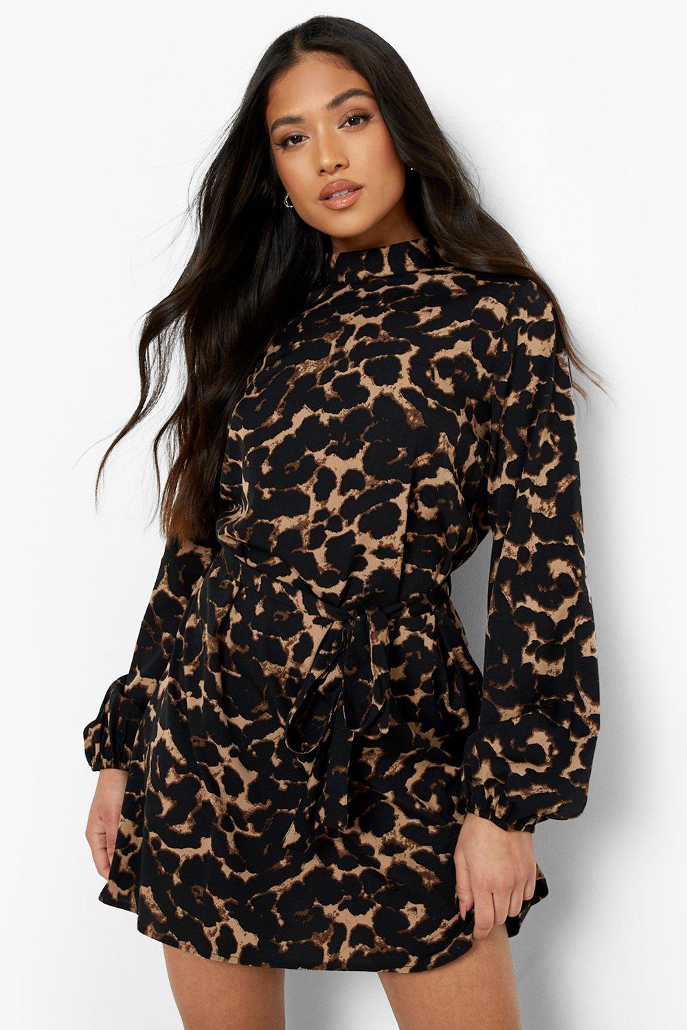 Petite Leopard Print Belted Skater Dress
