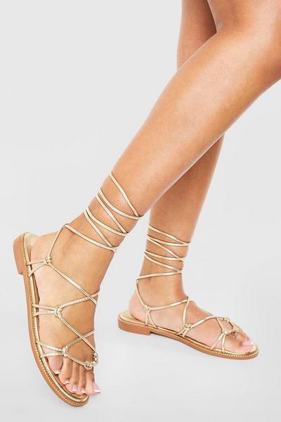 Wide Fit Caged Detail Tie Up Flat Sandals