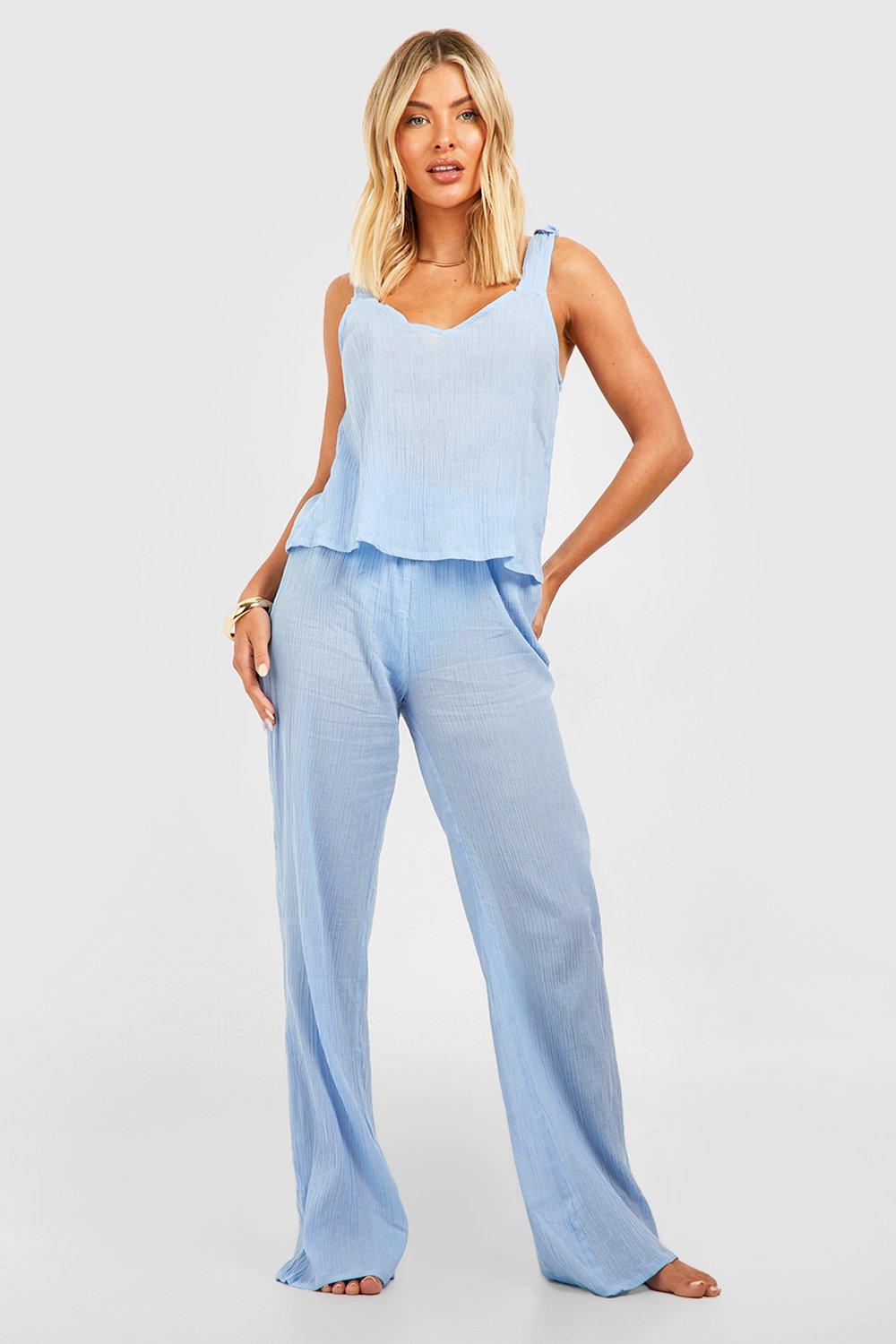 Cheesecloth Knot Strap Top Wide Leg Trouser Beach Coord