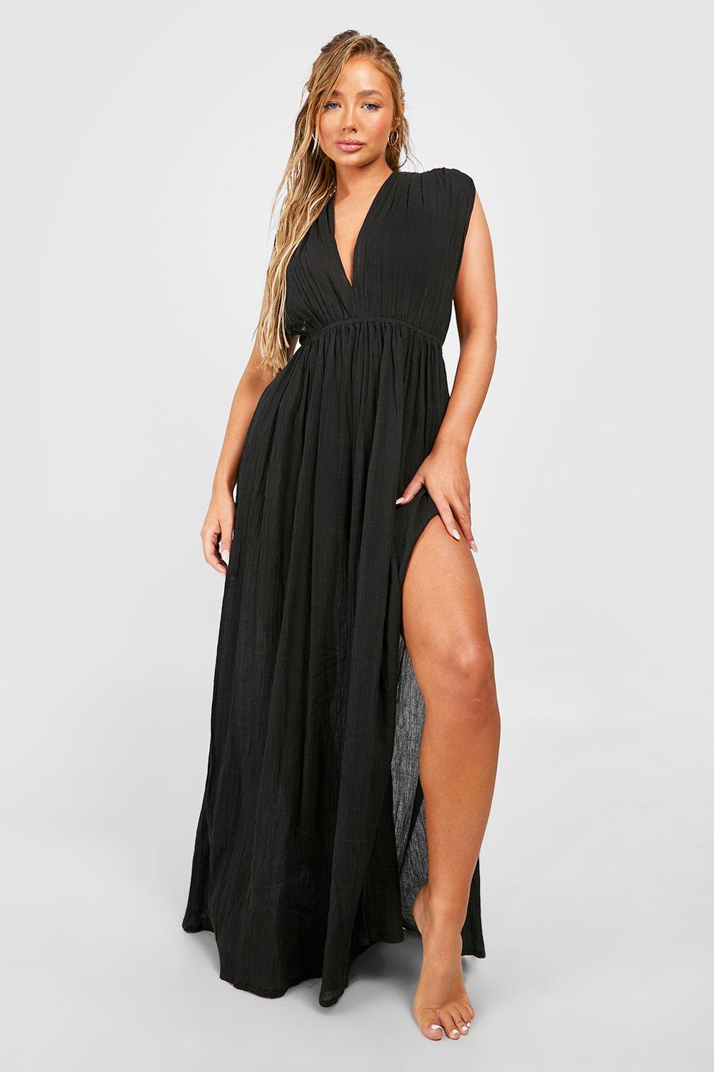 Cheesecloth Gathered Plunge Maxi Beach Dress