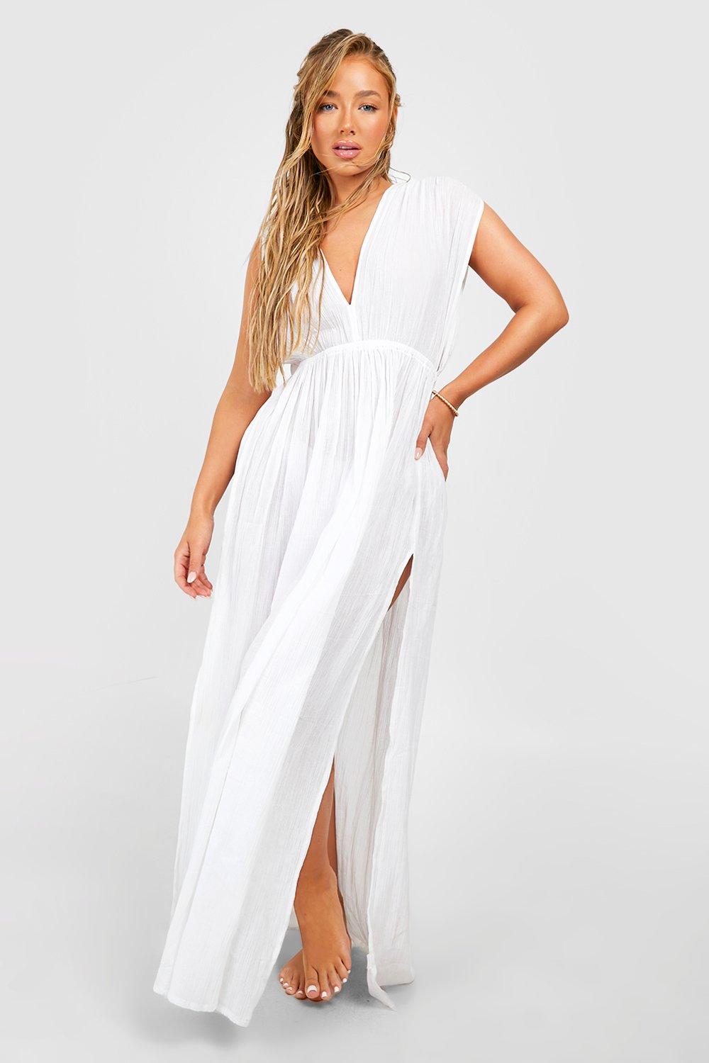 Cheesecloth Gathered Plunge Maxi Beach Dress