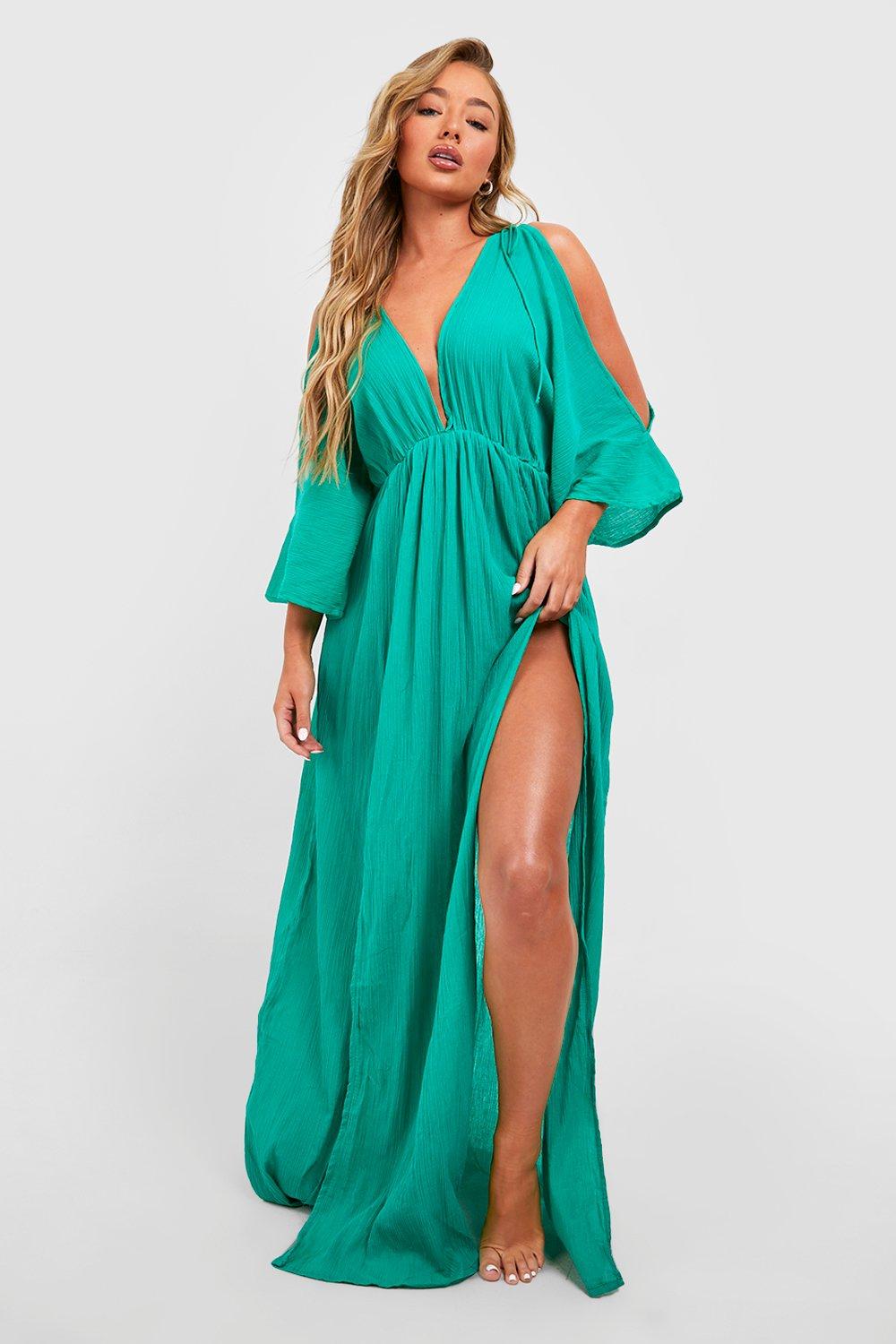 Cheesecloth Cold Shoulder Plunge Split Maxi Beach Dress