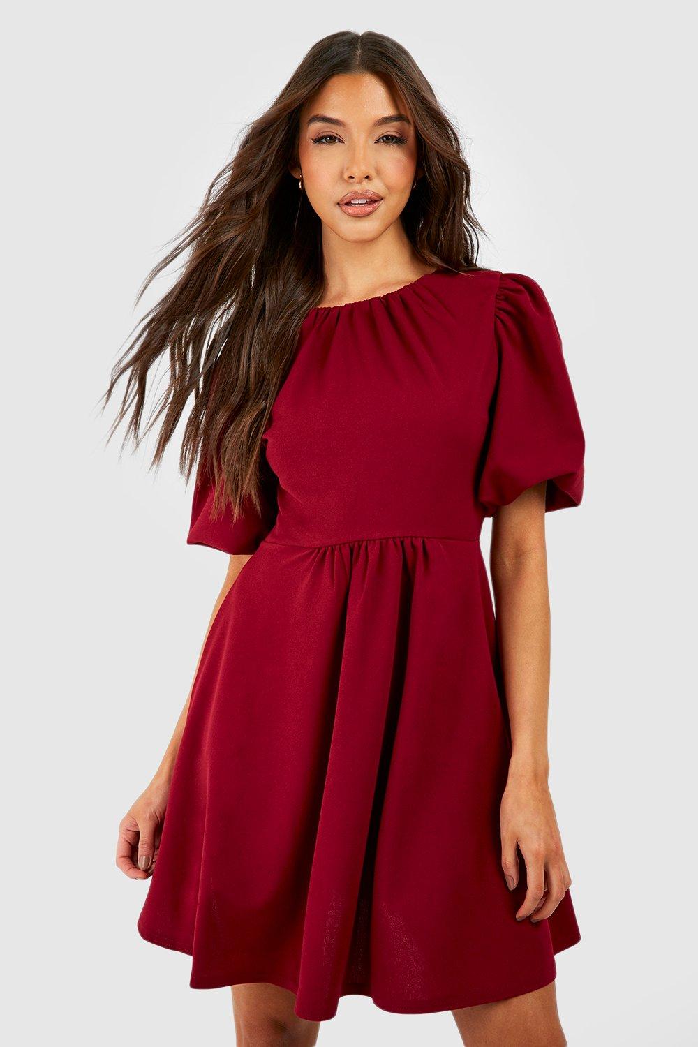 Puff Sleeve Rouched Skater Dress
