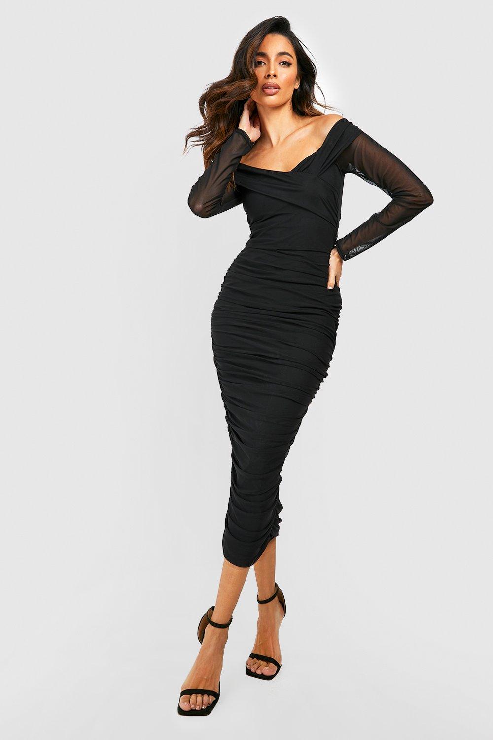 Off Shoulder Ruched Mesh Bodycon Midaxi Dress