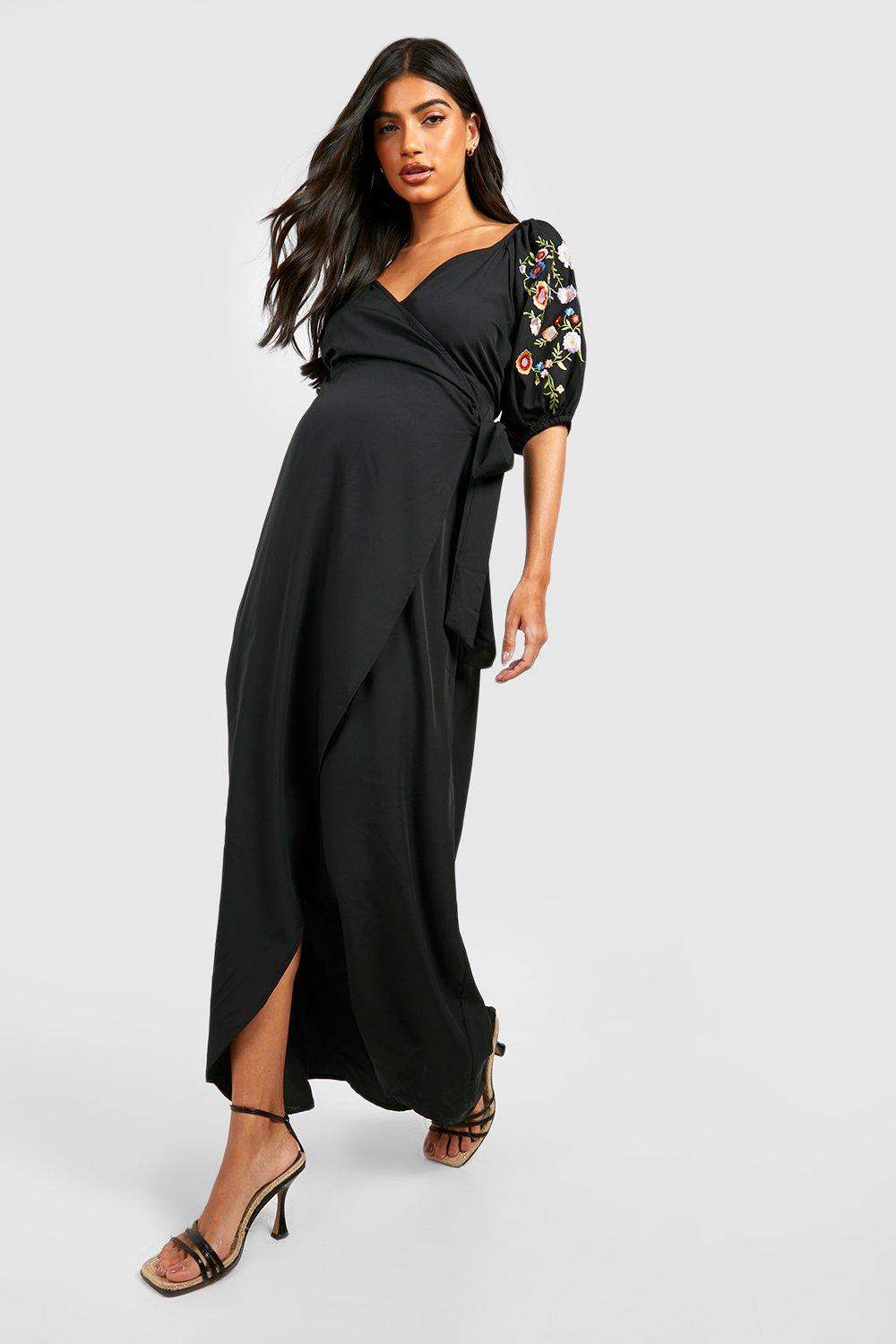 Maternity Floral Embroidered Wrap Maxi Dress