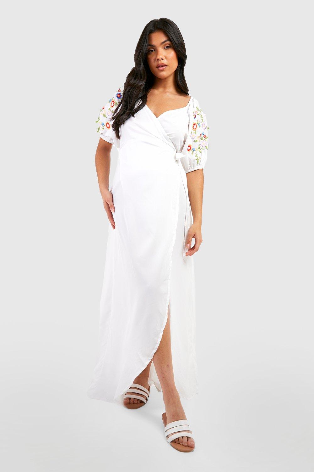 Maternity Floral Embroidered Wrap Maxi Dress