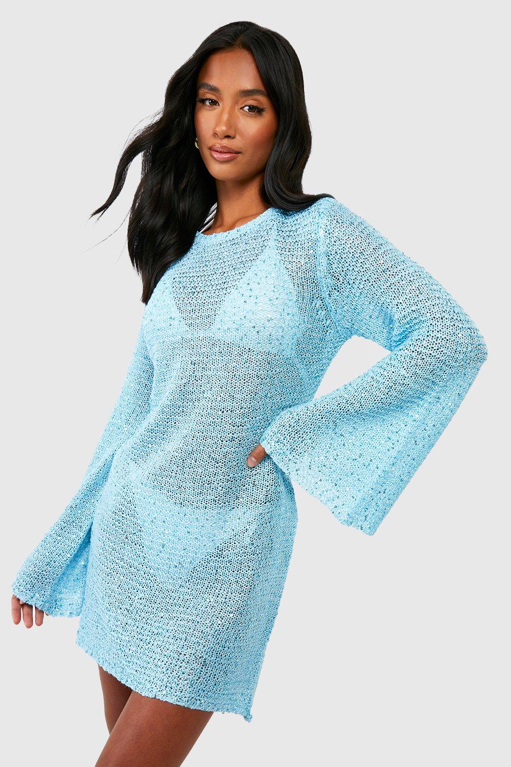 Petite Sequin Crochet Flare Sleeve Mini Dress