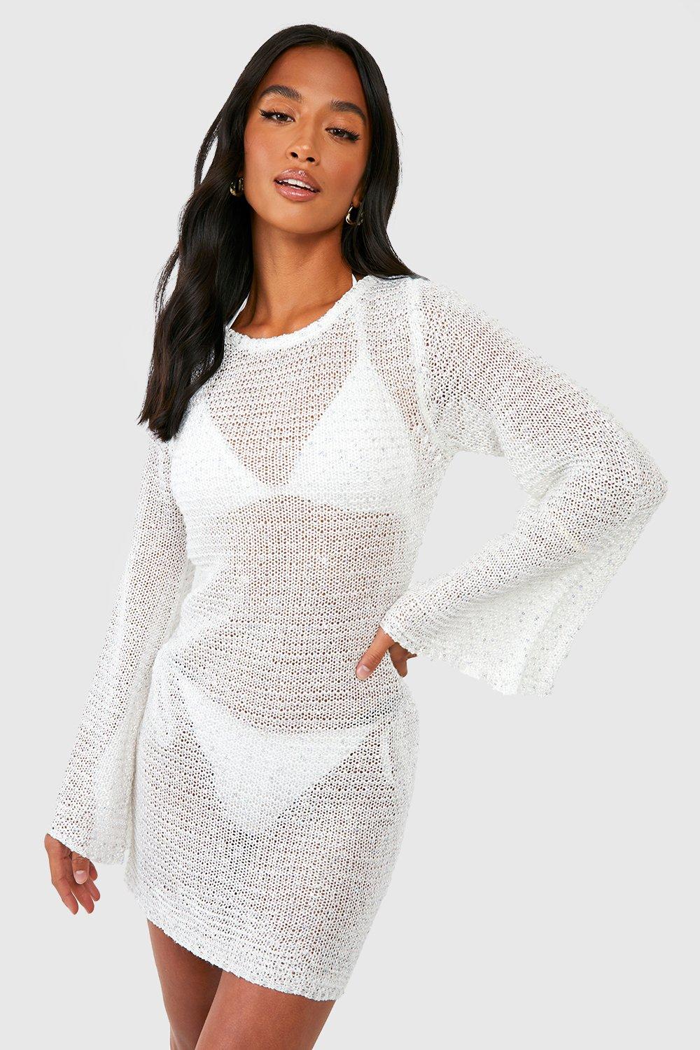Petite Sequin Crochet Flare Sleeve Mini Dress