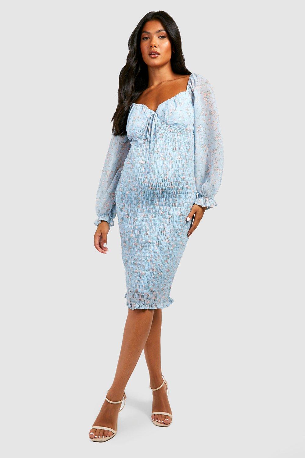 Maternity Shirred Long Sleeve Midi Dress