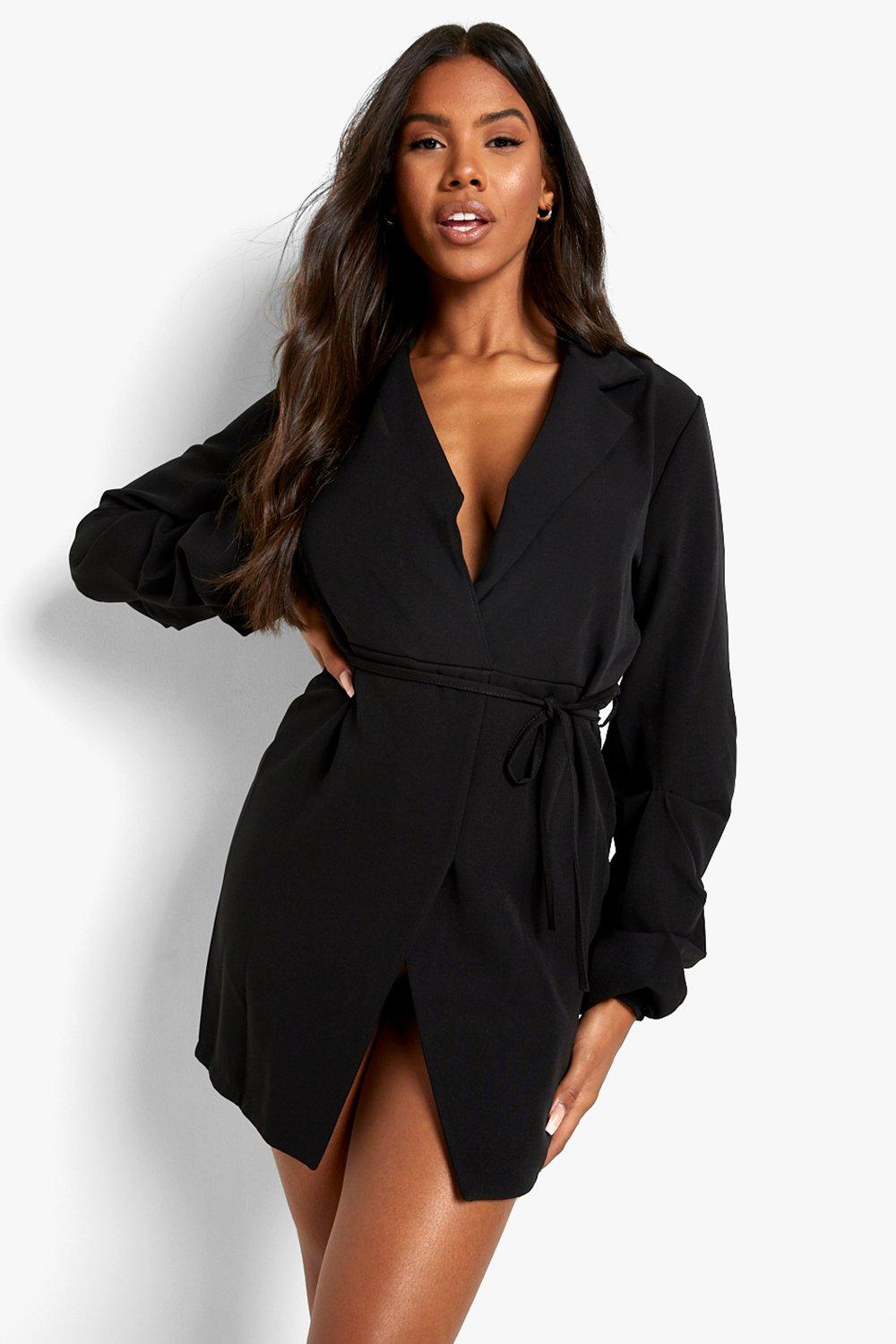 Ruched Sleeve Wrap Front Blazer Dress