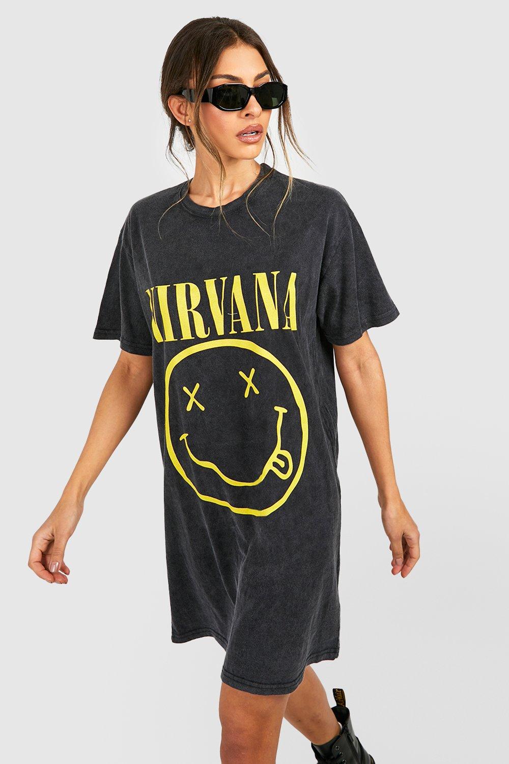 Nirvana Acid Wash Slogan Smiley T-shirt Dress