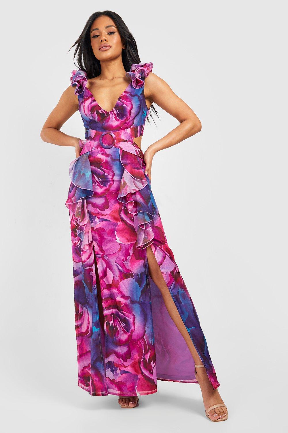 Floral Ruffle Belted Chiffon Maxi Dress