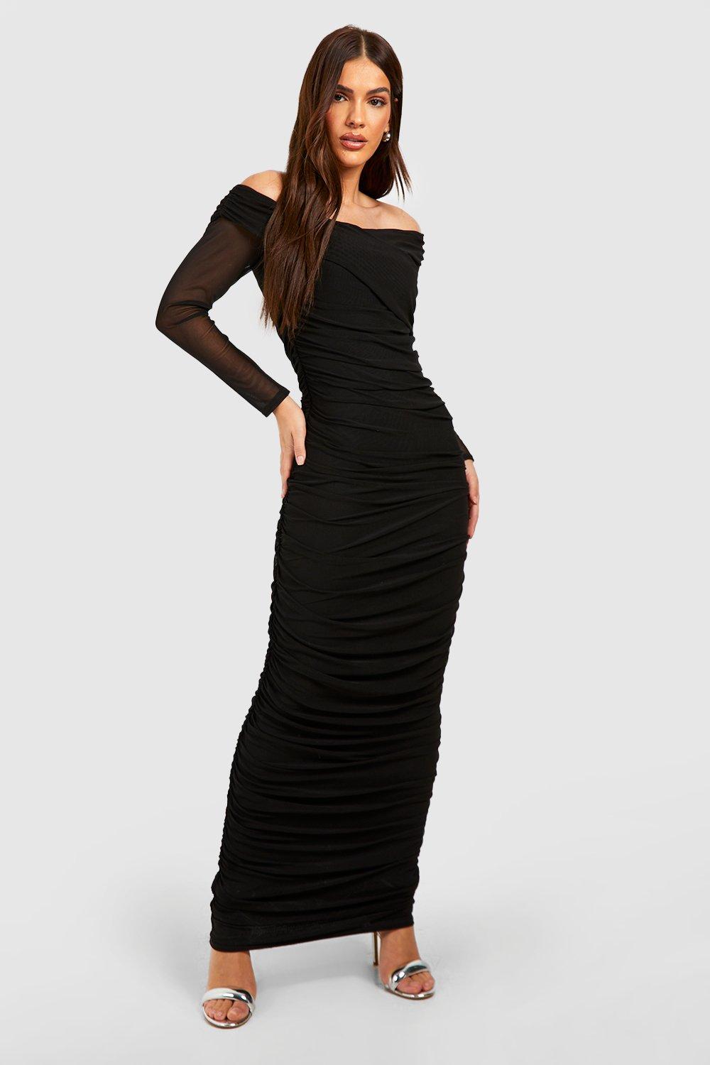 Rouched Mesh Off The Shoulder Maxi Dress