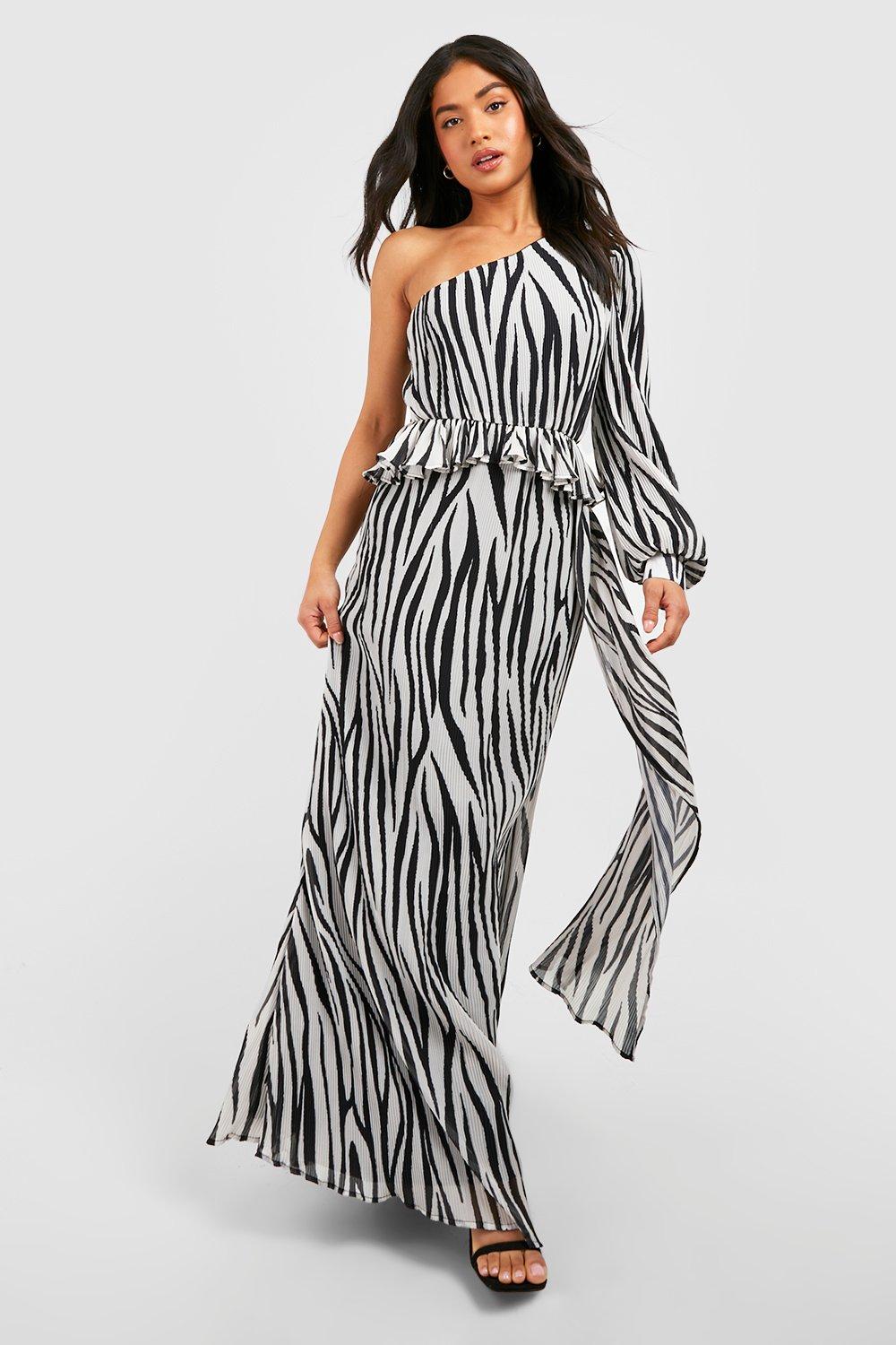 Petite Zebra Pleated One Shoulder Maxi Dress
