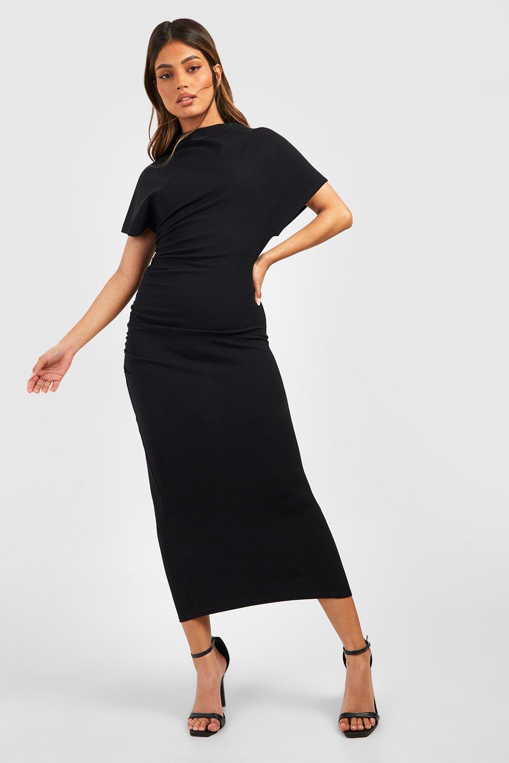 High Neck Ruched Front Crepe Midaxi Dress