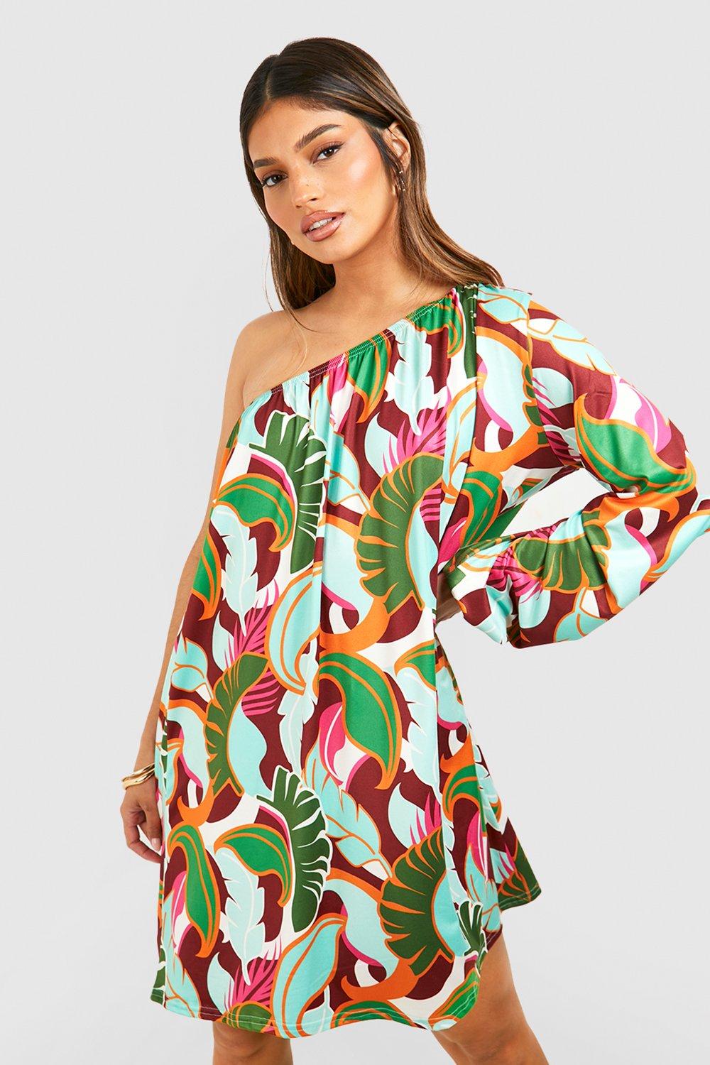 Tropical Print Asymmetric Blouson Sleeve Smock Dress