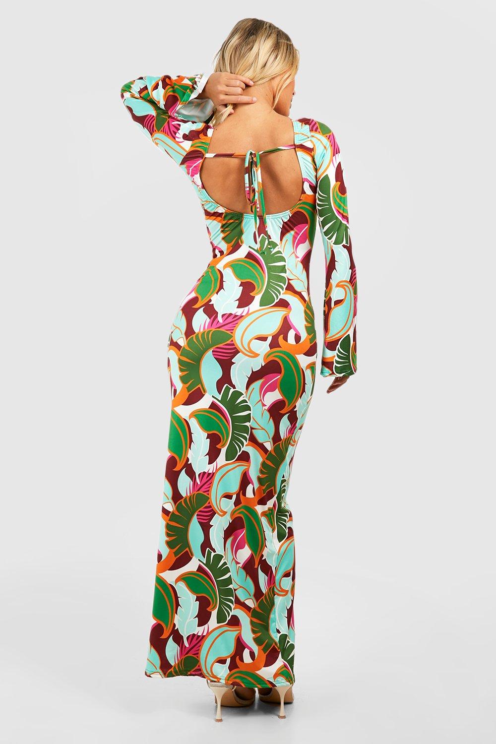 Tropical Print Flare Sleeve Maxi Dress