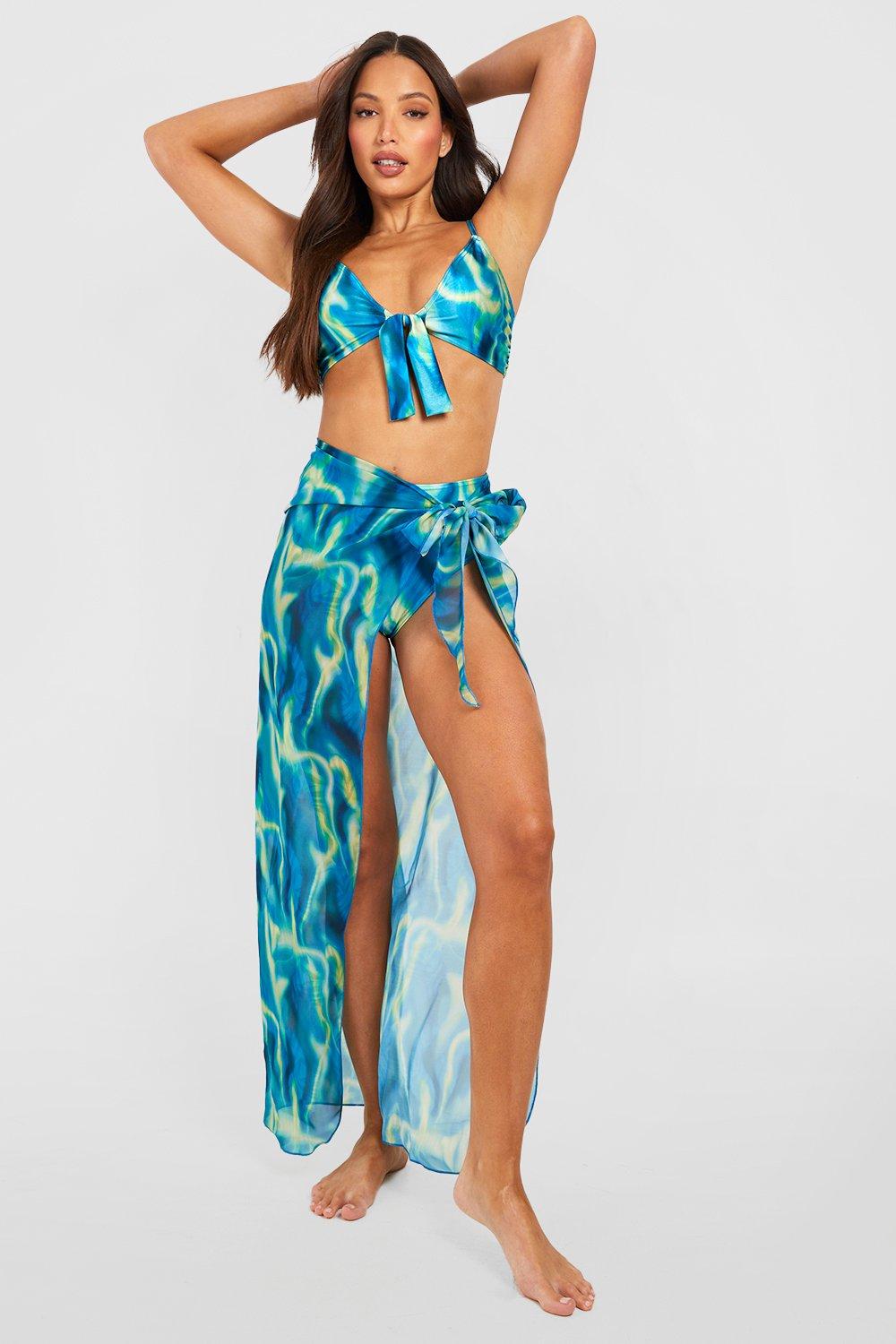 Tall Blurred Abstract Tie Front High Waist Bikini Set