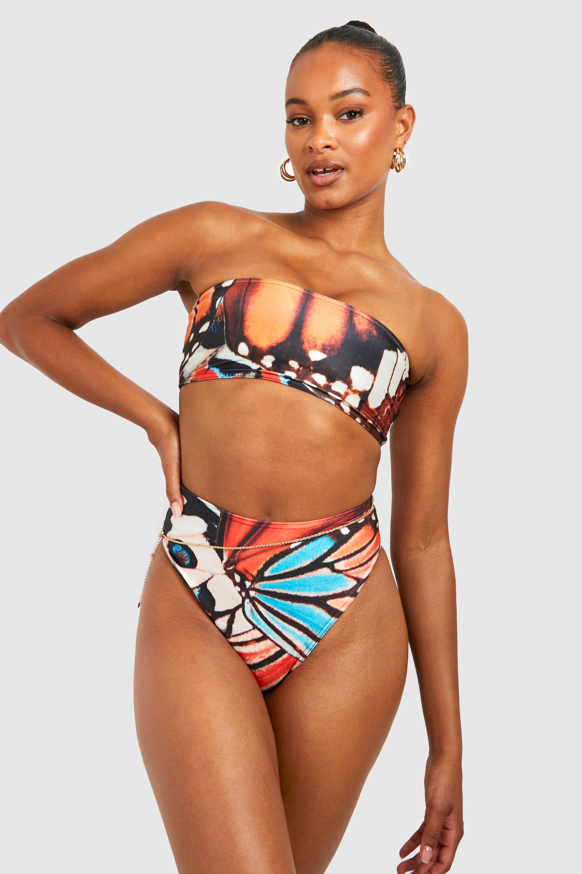 Tall Butterfly Print Bandeau High Waist Brief Bikini Set
