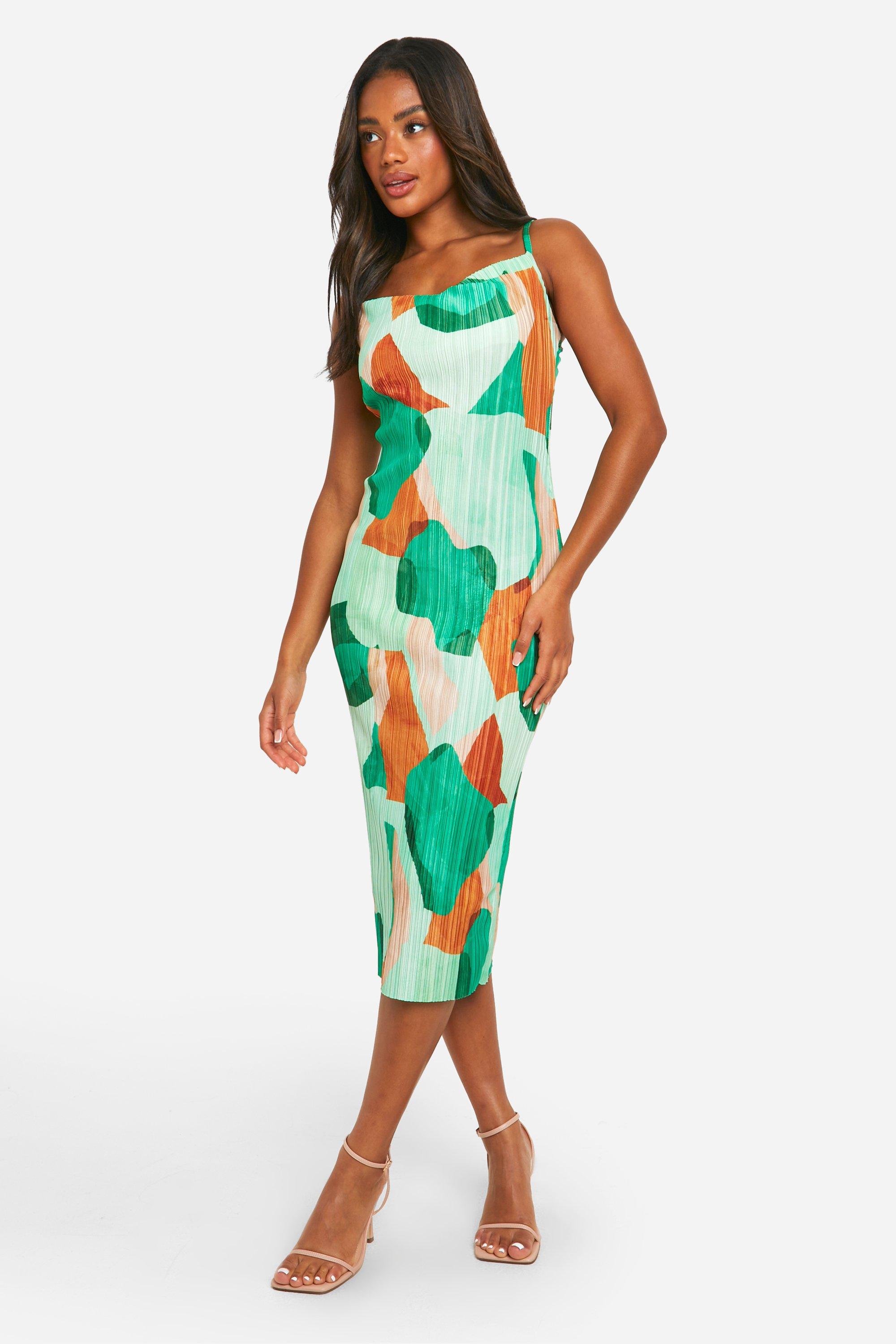 Tropical Plisse Strappy Midi Dress