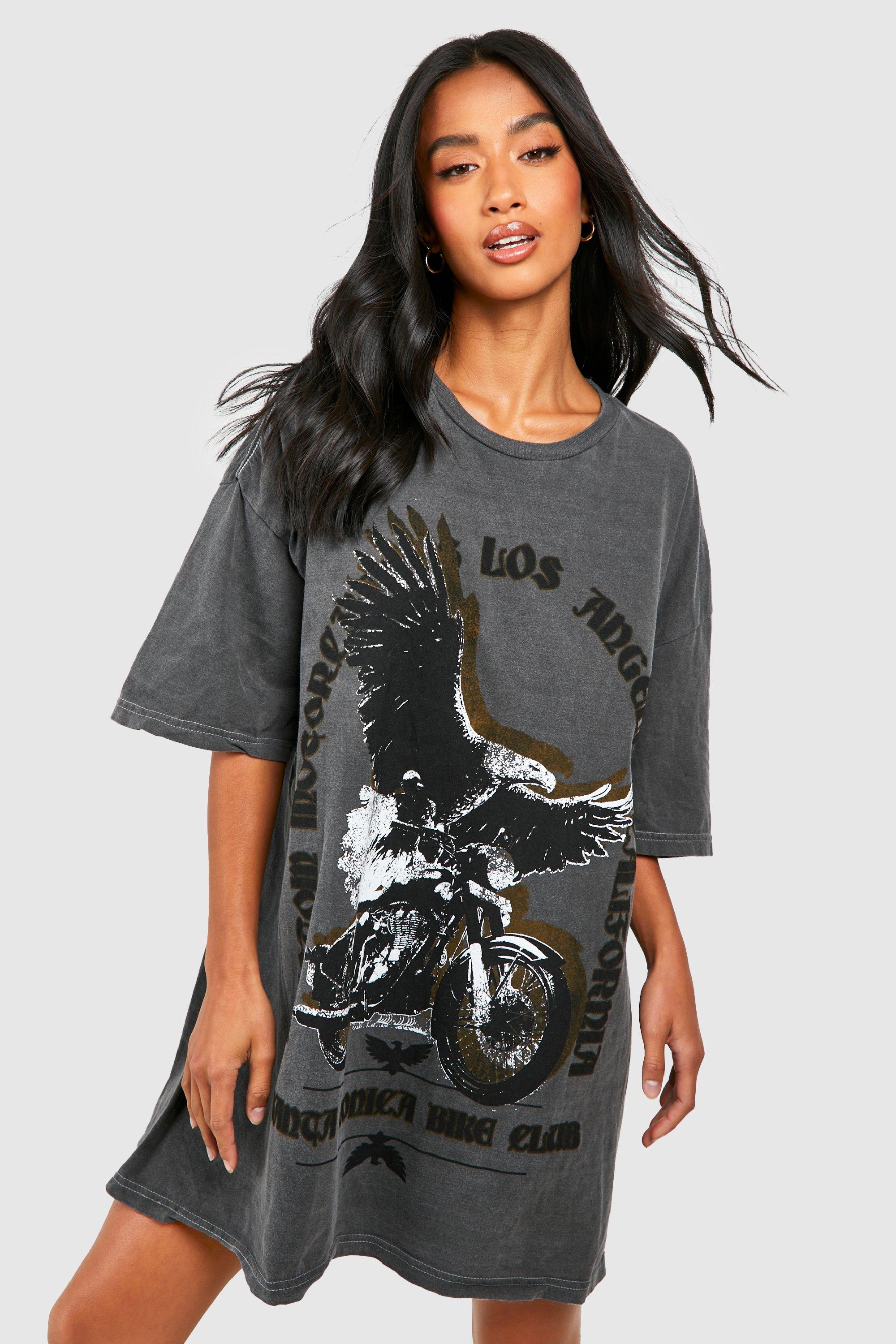 Petite Motorcycle Slogan Oversized Washed Tshirt Dress