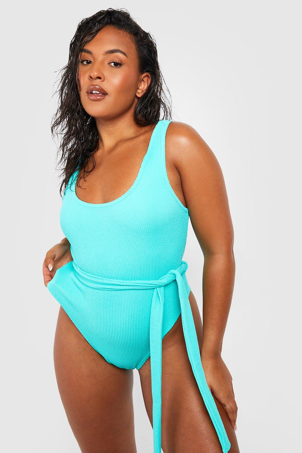 Plus Crinkle Belted Scoop Neck Swimsuit