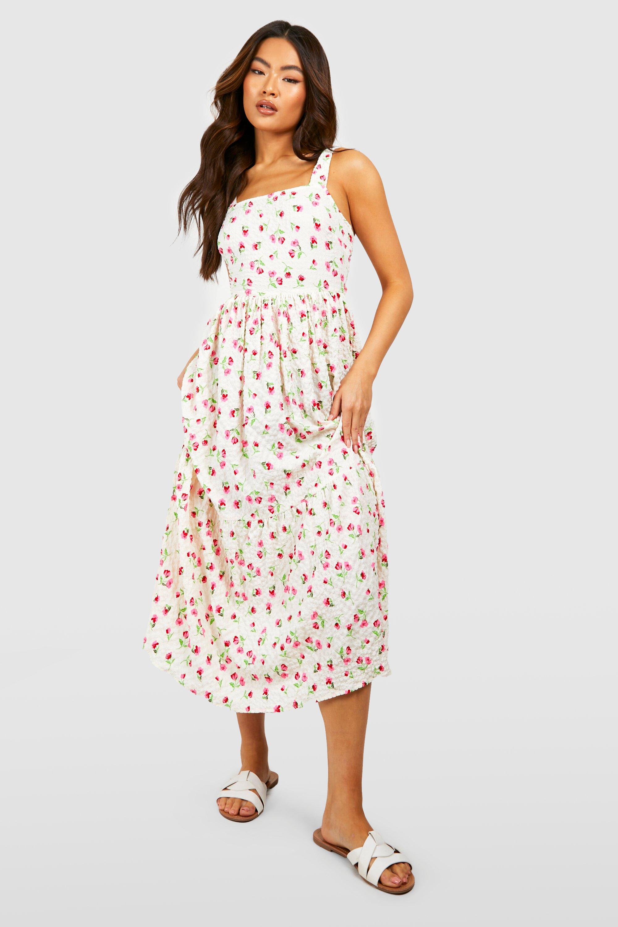 Textured Floral Strappy Midi Dress