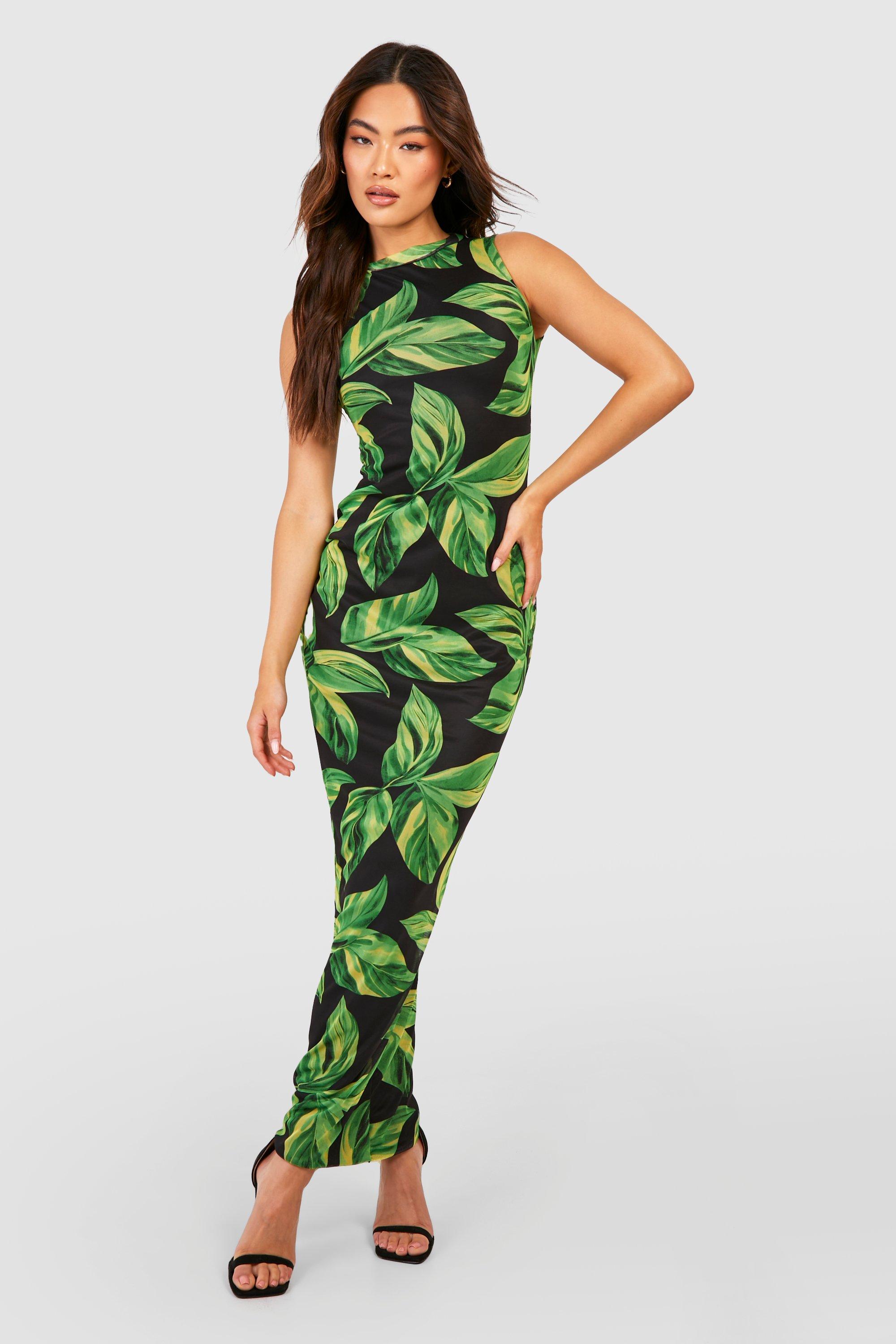 Palm Print Mesh Maxi Dress